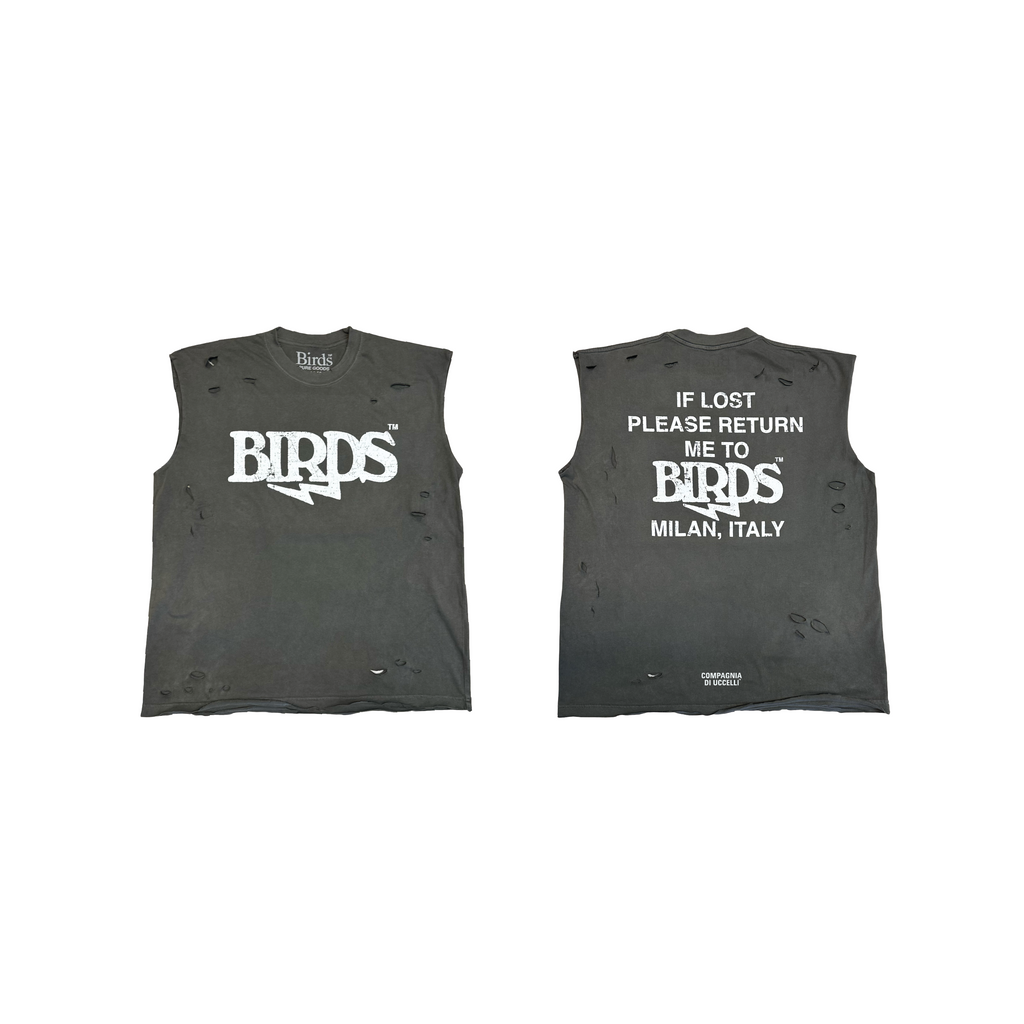 "Lost Merch" Oil Black Destroyed Vintage-Washed Oversized Sleeveless Box Shirt