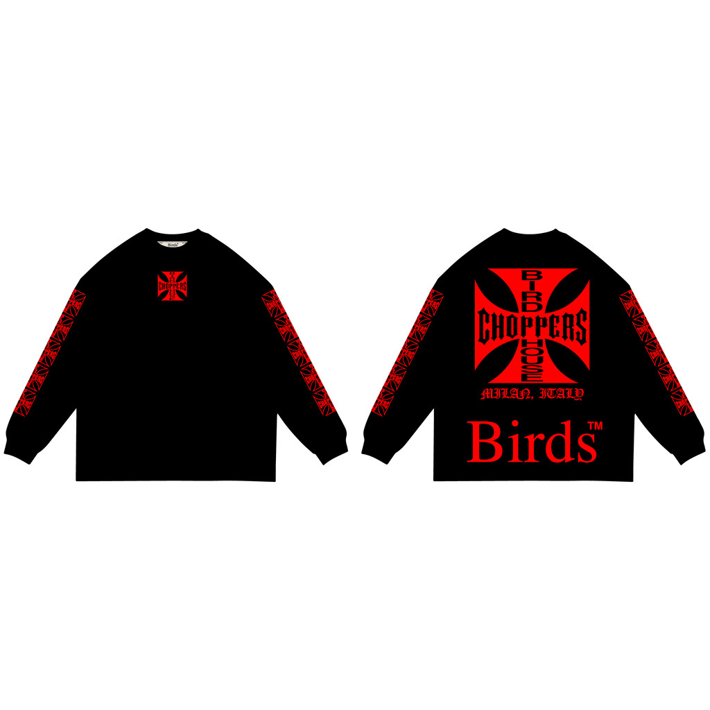 "Bird House Choppers" Black/Red Industrial Oversized Long Sleeve